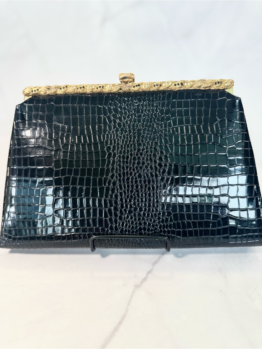 Vintage Black Croc Embossed Patent Evening Bag Gold Frame Clutch Purse